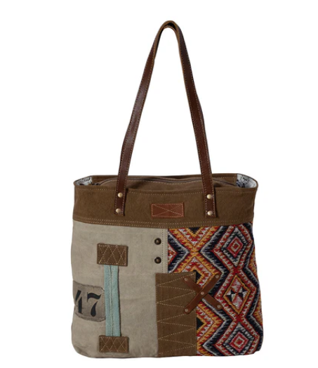 MYRA- Maricopa Coach Line Tote Bag with tribal and vintage patterns, made from canvas, rug, and leather.