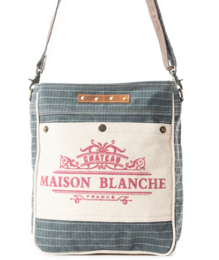 MYRA- Domestic Mail Shoulder Bag with woven canvas and leather trim, featuring a zippered front pocket and adjustable leather strap.