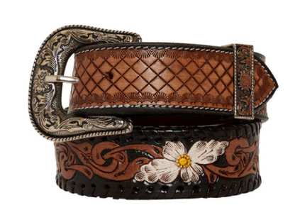 MYRA- Checkered brown hand-tooled leather women's belt with floral pattern and removable buckle.