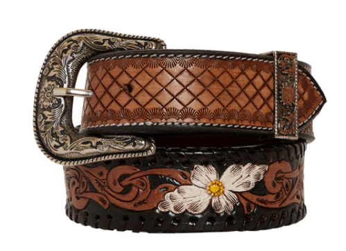 MYRA- Checkered brown hand-tooled leather women's belt with floral pattern and removable buckle.