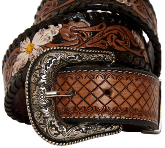 MYRA- Checkered brown Hand-Tooled Leather Women's Belt