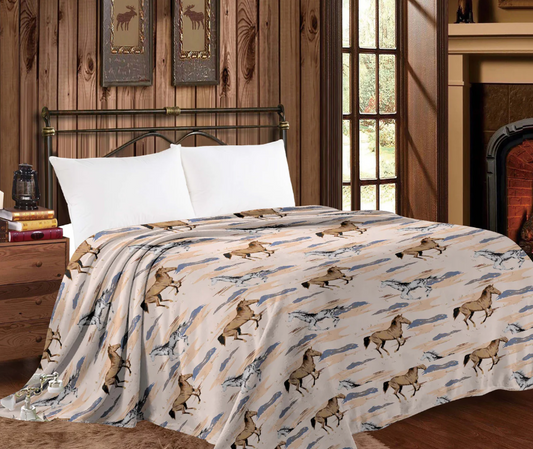 Mia Throw Blanket with horse design in queen size on a bed in a cozy room setting.