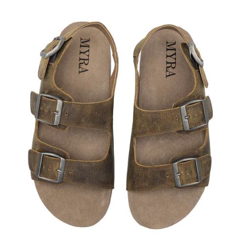 Mountain Path Leather Sandals in chocolate bourbon suede with hand-tooled leather straps.