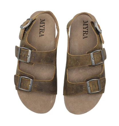 Mountain Path Leather Sandals in chocolate bourbon suede with hand-tooled leather straps.