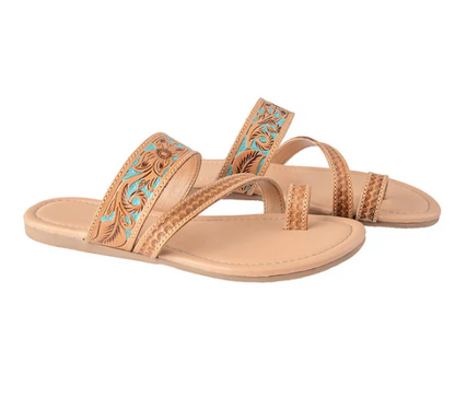 MYRA- Lannie Mae Sandals in Honey with hand-tooled leather and Southwest teal accents.