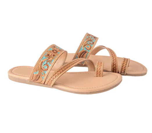 MYRA- Lannie Mae Sandals in Honey with hand-tooled leather and Southwest teal accents.