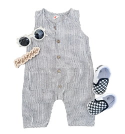 Stripe Linen Jumpsuit with button detail, featuring a playful and comfortable design for kids.