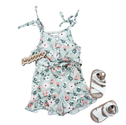Avery Floral Romper for baby girls with playful floral design and adjustable straps.