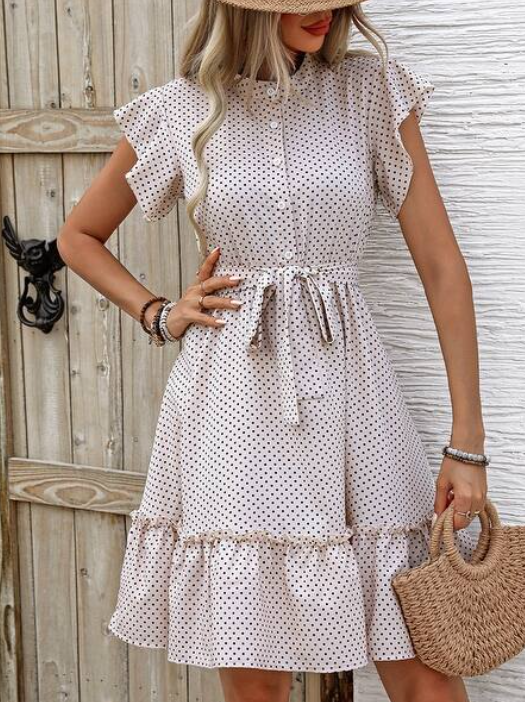 Beige Polka Dot Ruffle Sleeve Dress