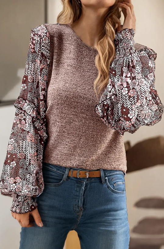 Ruffle Tiered Floral Sleeve Crew Neck Blouse