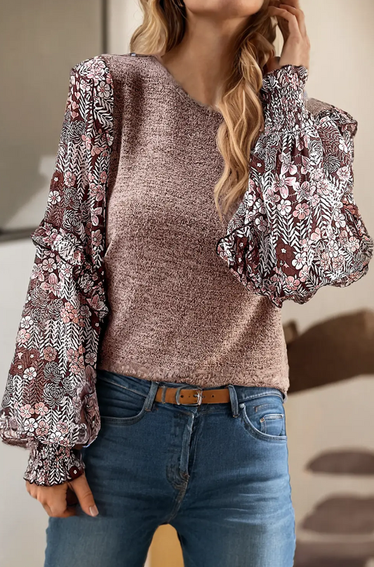 Ruffle Tiered Floral Sleeve Crew Neck Blouse