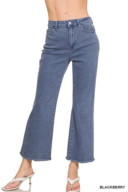 ACID WASHED HIGH WAIST frayed hem bootcut pants by ZENANA in blue.