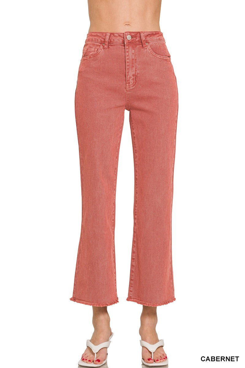 ACID WASHED HIGH WAIST FRAYED HEM BOOTCUT PANTS- ZENANA