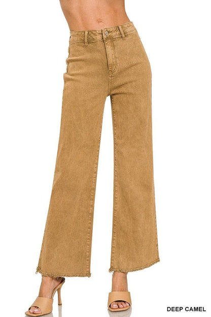 Acid Washed Frayed Cutoff Hem Straight Wide Pants- Zenana
