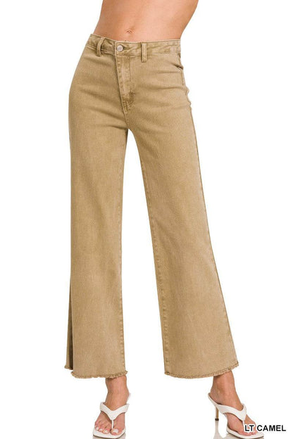 Acid Washed Frayed Cutoff Hem Straight Wide Pants- Zenana