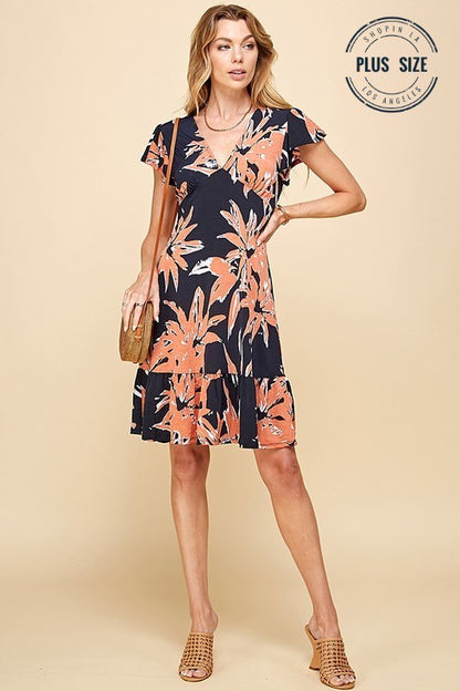 Floral Print V-Neck Summer Dress With Ruffle- Plus Size