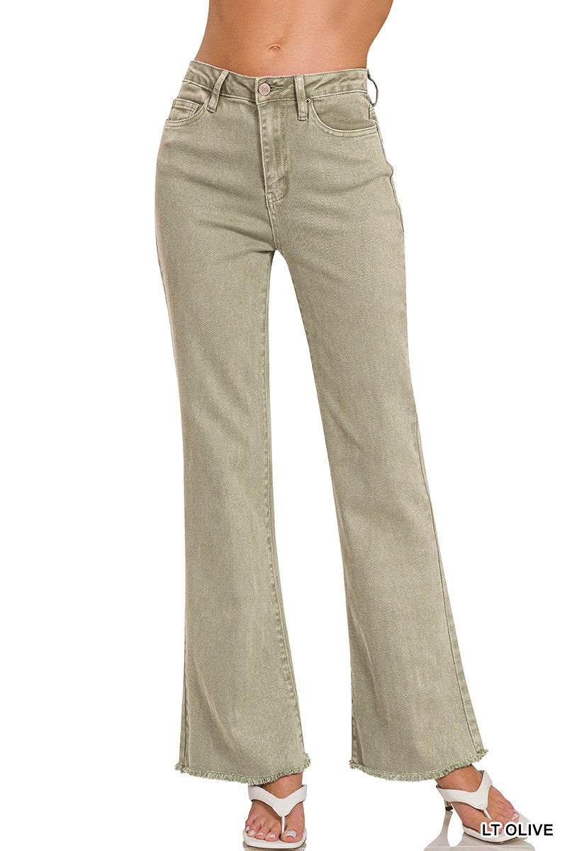 Acid Washed Frayed Cutoff Hem Straight Wide Pants- Zenana