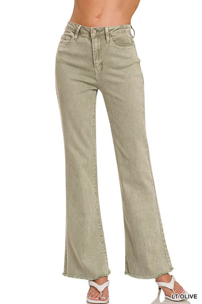 Acid Washed Frayed Cutoff Hem Straight Wide Pants- Zenana