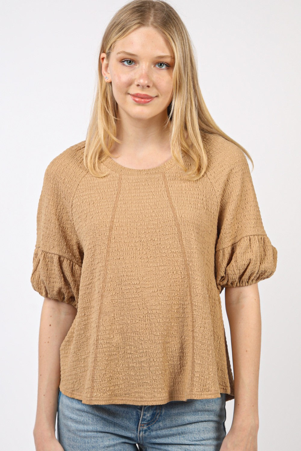 Crinkle Knit Top with Half Puff Sleeves