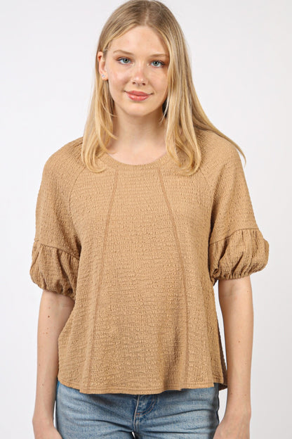 Crinkle Knit Top with Half Puff Sleeves