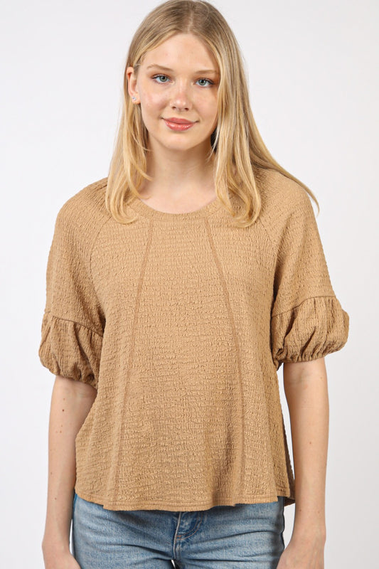 Crinkle Knit Top with Half Puff Sleeves