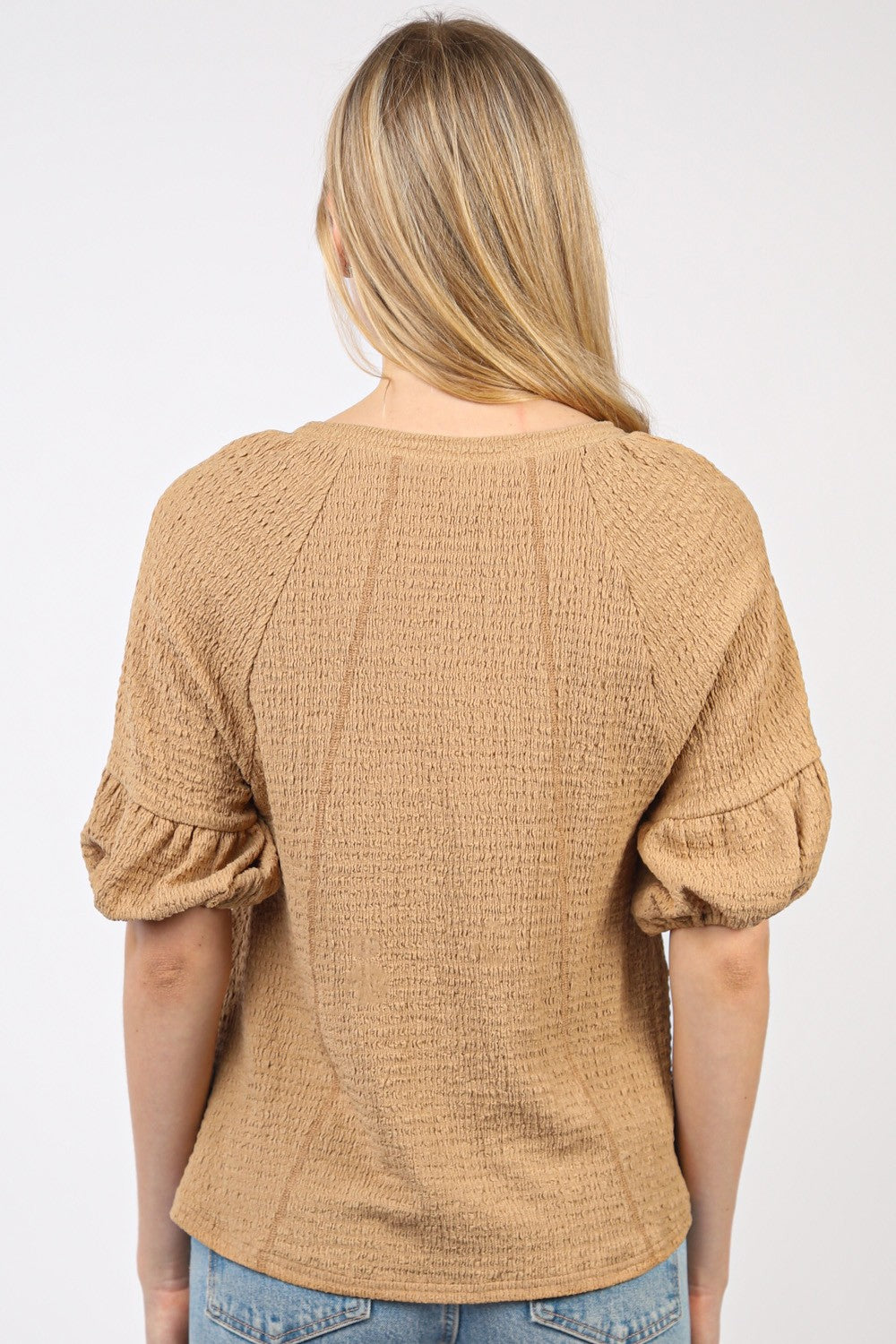 Crinkle Knit Top with Half Puff Sleeves