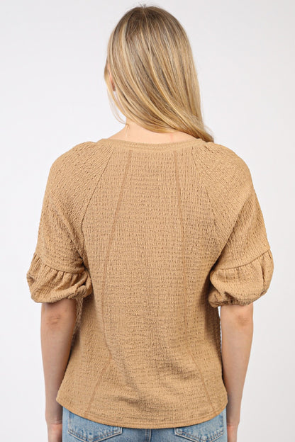 Crinkle Knit Top with Half Puff Sleeves