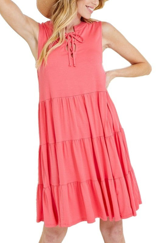 Solid Sleeveless Front Lace Tiered Dress- Plus Size