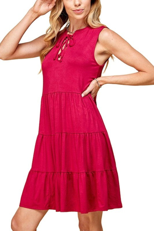 Solid Sleeveless Front Lace Tiered Dress