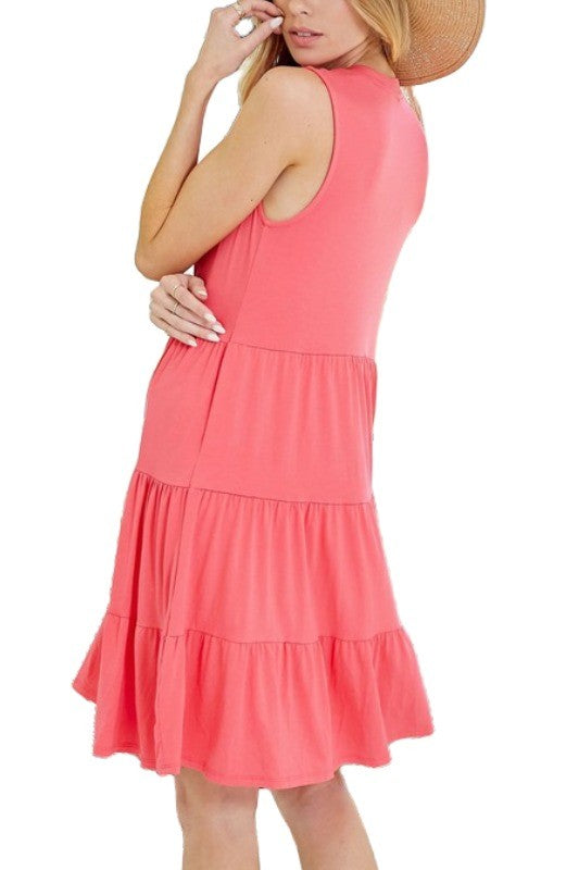 Solid Sleeveless Front Lace Tiered Dress- Plus Size