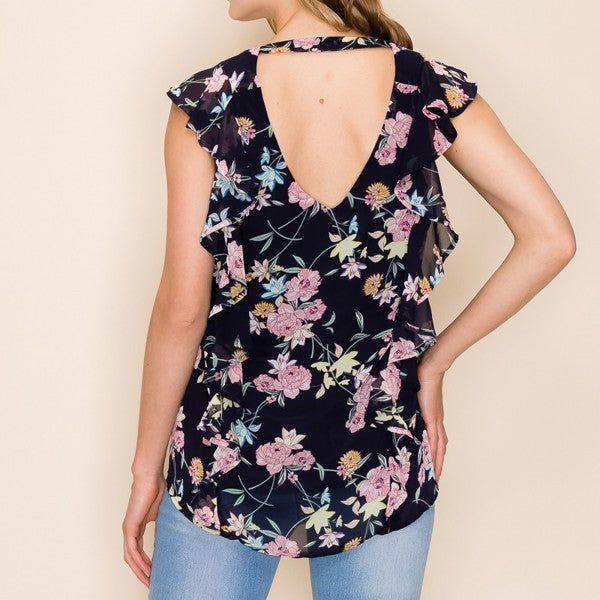 NAVY FLORAL PRINT V NECK SLEEVELESS RUFFLE BLOUSE