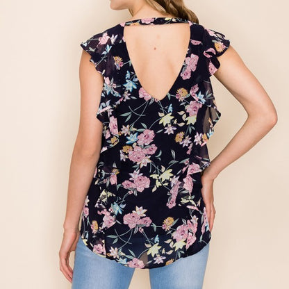 NAVY FLORAL PRINT V NECK SLEEVELESS RUFFLE BLOUSE