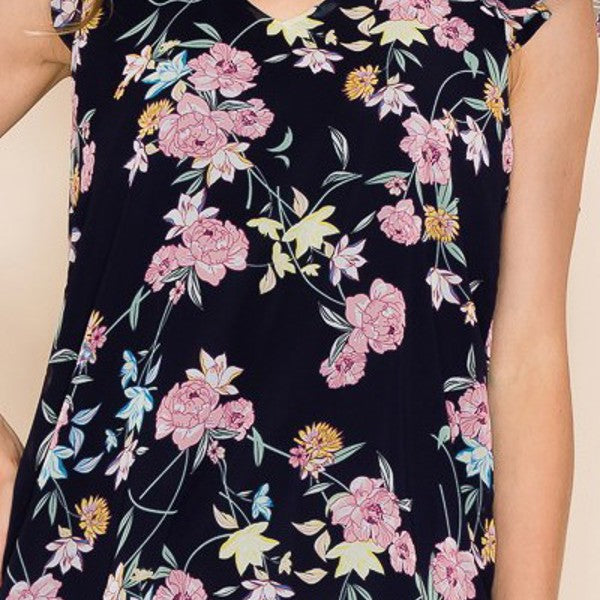 NAVY FLORAL PRINT V NECK SLEEVELESS RUFFLE BLOUSE