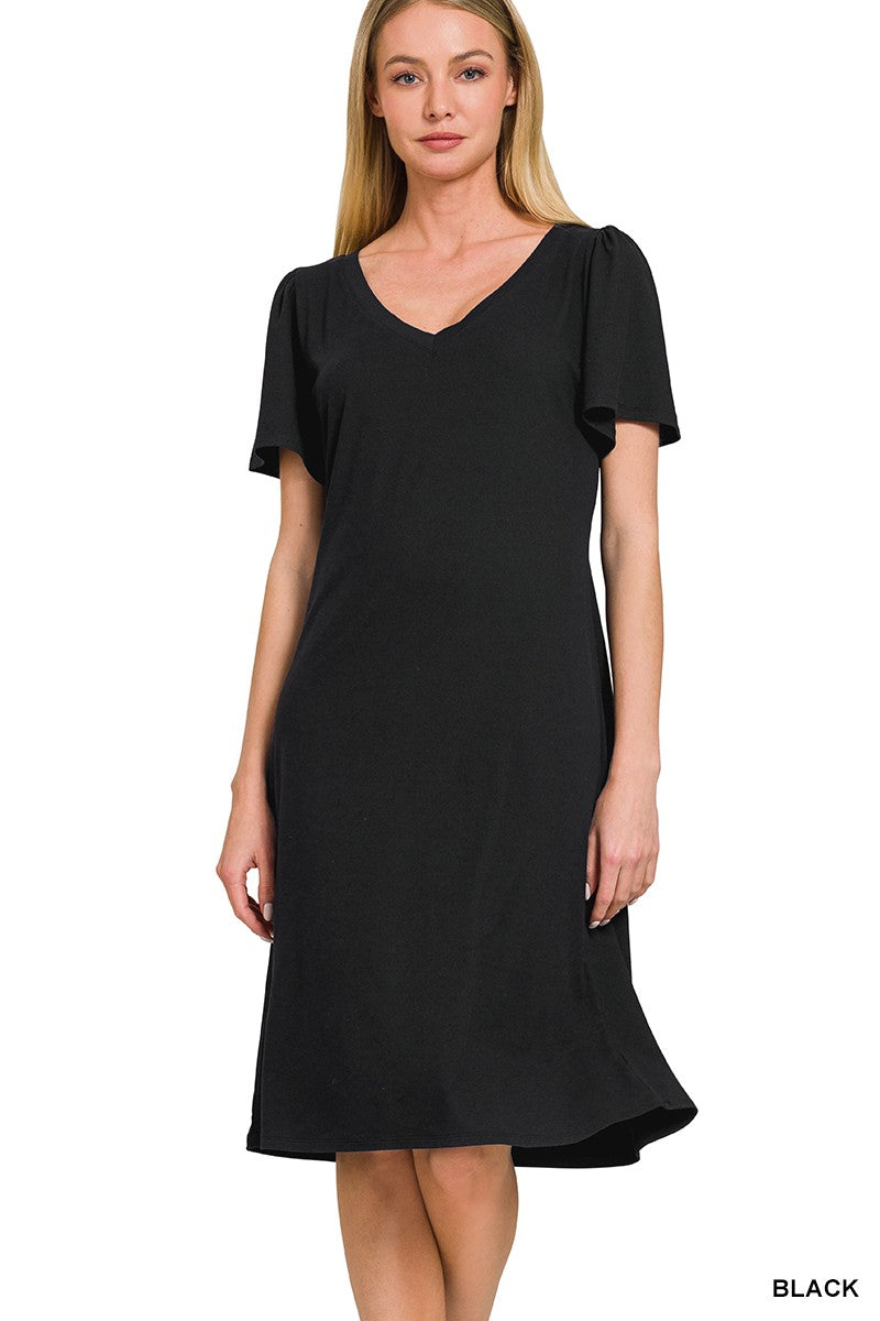 BRUSHED DTY MICROFIBER ruffle sleeve dress in black, knee-length for sophistication.