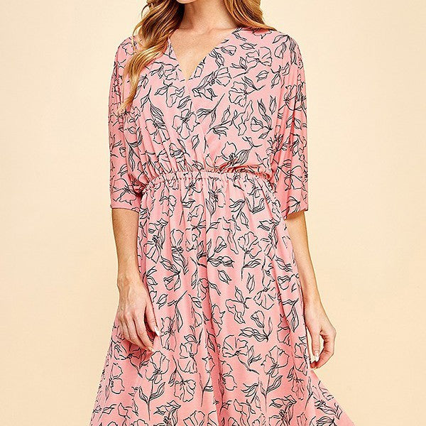 FLORAL DOLMAN SLEEVES FAUX WRAP SHORT DRESS