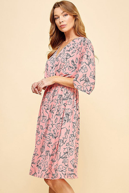 Floral dolman sleeves faux wrap short dress in pink designed for summer.