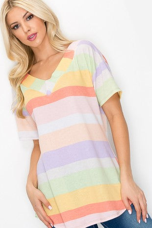 V-Neck Stripe Shirt in vibrant pastel shades with playful stripes.
