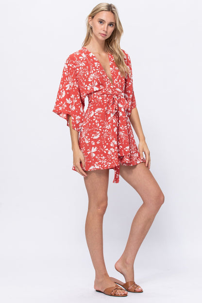 Kimono Sleeve Print Dress with short length and playful summer design.