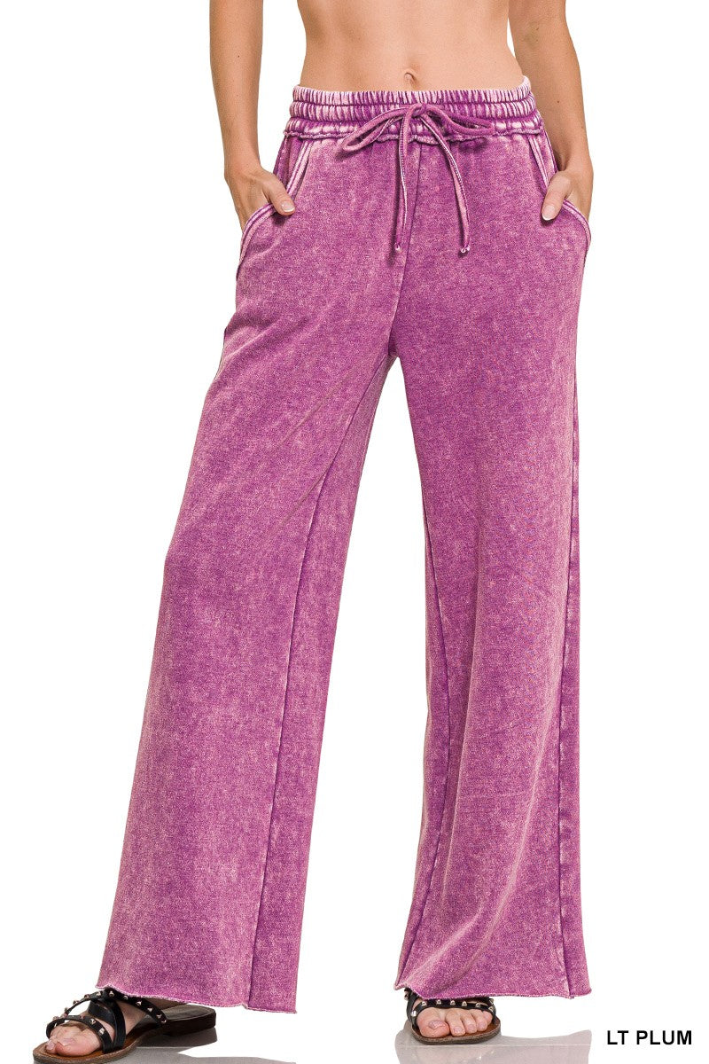 ZENANA- Acid Wash Fleece Palazzo Sweatpants With Pockets