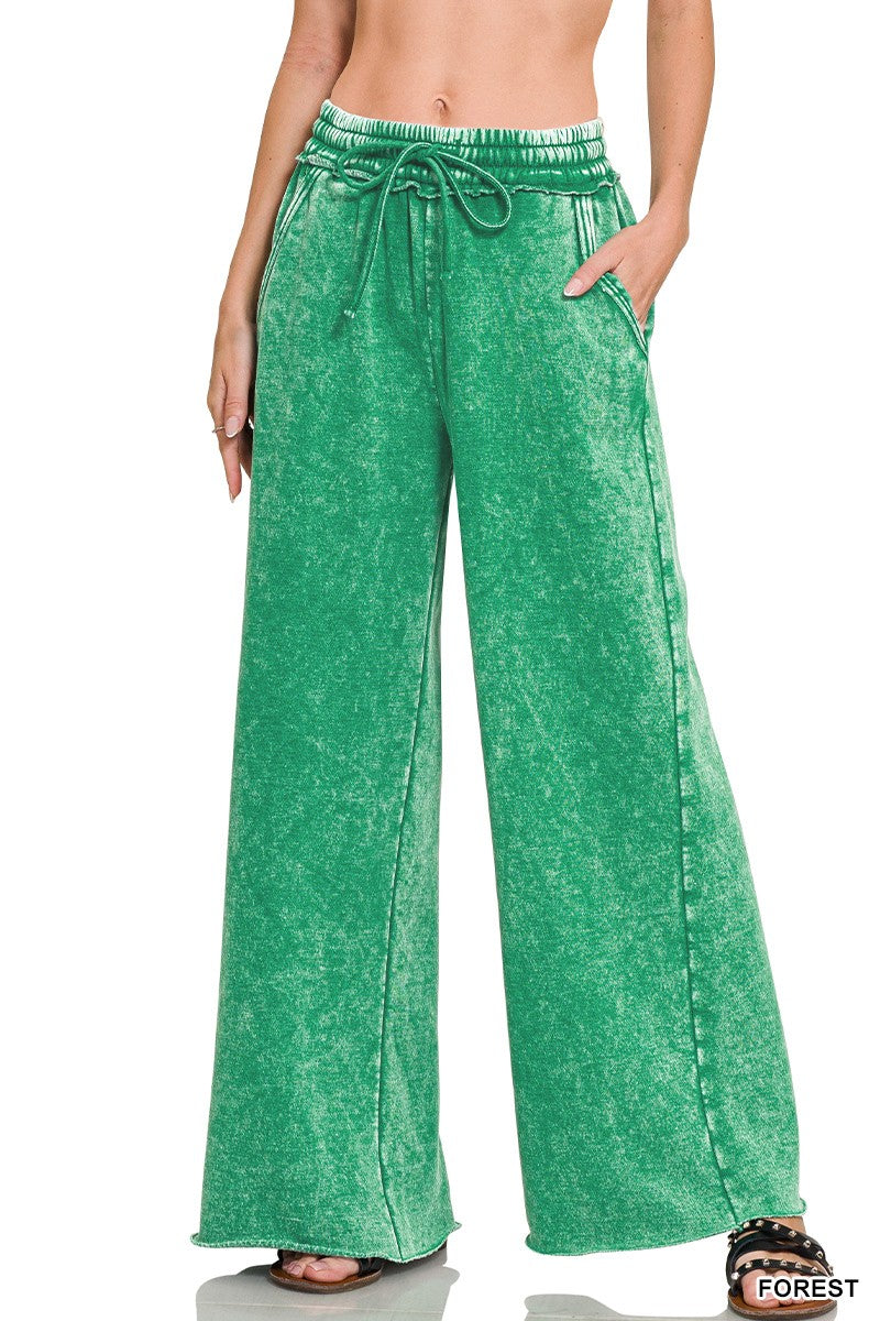 ZENANA- Acid Wash Fleece Palazzo Sweatpants With Pockets