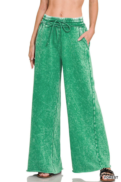 ZENANA- Acid Wash Fleece Palazzo Sweatpants With Pockets
