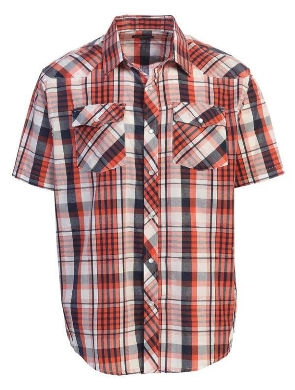 Men's short sleeve plaid pearl snap shirt with classic pattern and front pockets.