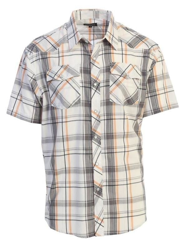 Men's short sleeve plaid pearl snap shirt with classic cowboy style.
