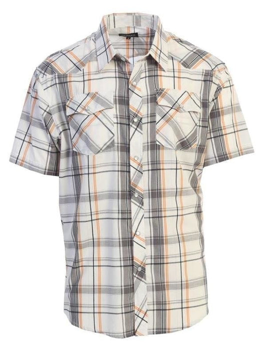 Men's short sleeve plaid pearl snap shirt with classic cowboy style.