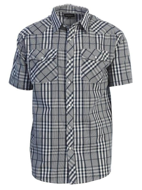 Men's short sleeve printed pearl snap shirt with classic plaid pattern.