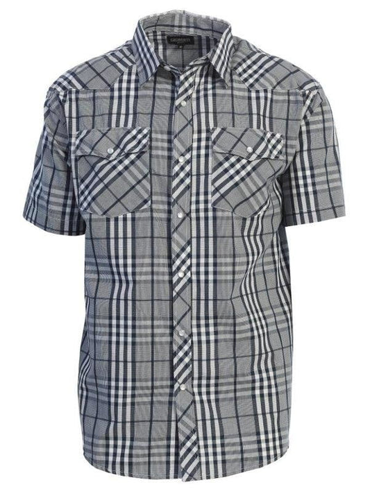 Men's short sleeve printed pearl snap shirt with classic plaid pattern.