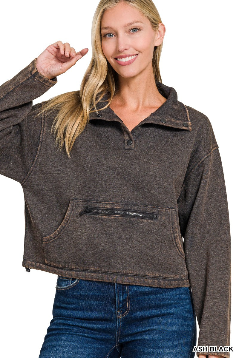 Zenana- Acid Wash Fleece Half Snap Pullover W Kangaroo Pocket