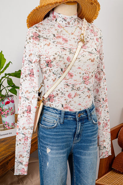 Floral Long Sleeve High Neck Sheath Mesh Top