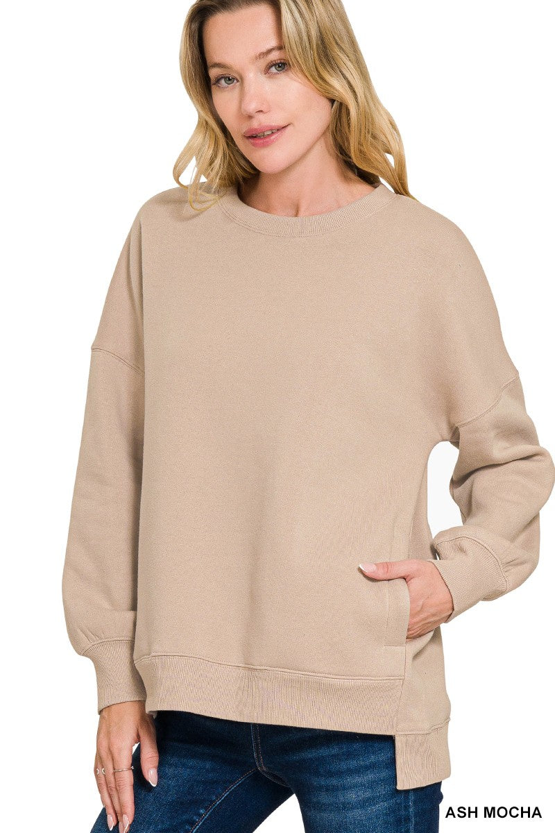 ZENANA- Fleece Hi-low Boyfriend Sweatshirt With Pockets
