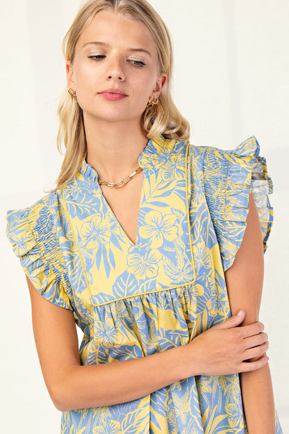 Printed Mini Dress with Ruffle Sleeves